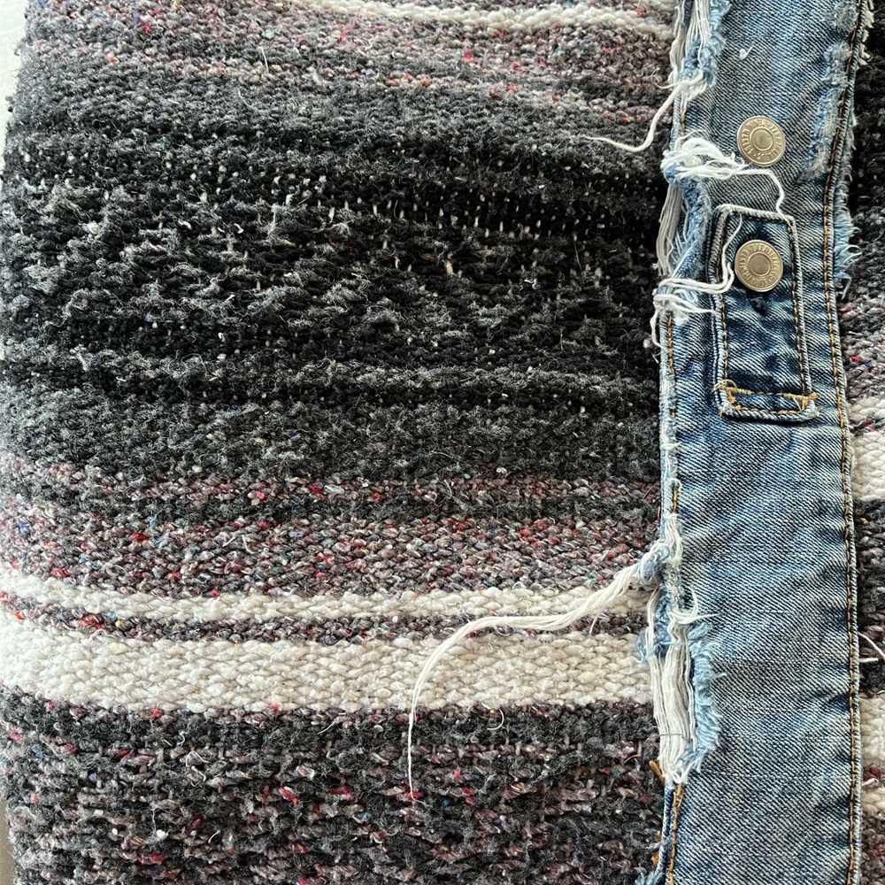 Boho Baja Poncho Sweater with Denim Trim & Fringe | Oversized Blanket Cardigan - Picture 6 of 6